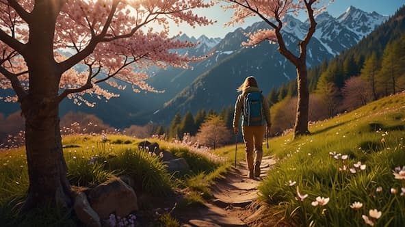 Image of a man walking down a mountain trail.