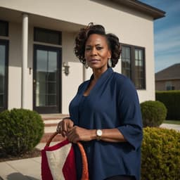 Woman with a bag in front of a house.